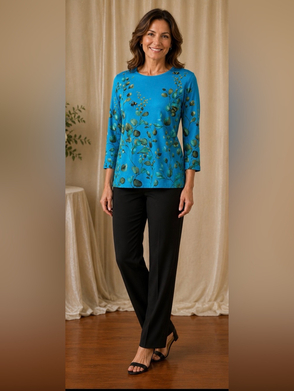 Blue Artistic Floral-Print Women’s 3/4 sleeve Top